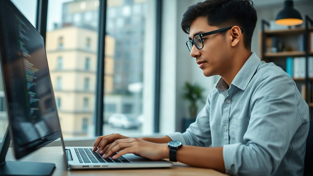A student thoughtfully typing code on a laptop in a modern study space.