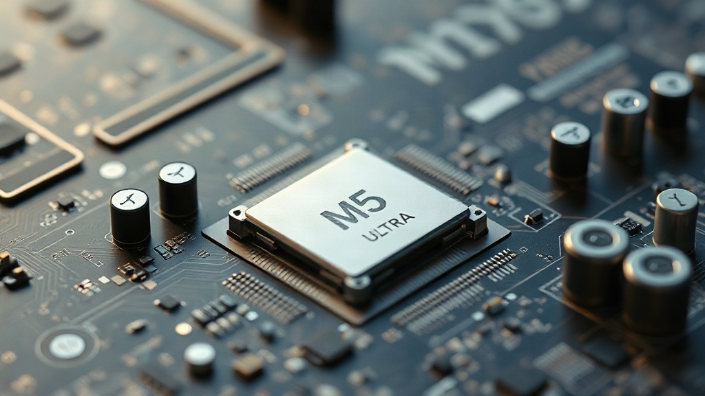Mac Studio desktop computer with M5 Ultra chip, showcasing its sleek Apple design