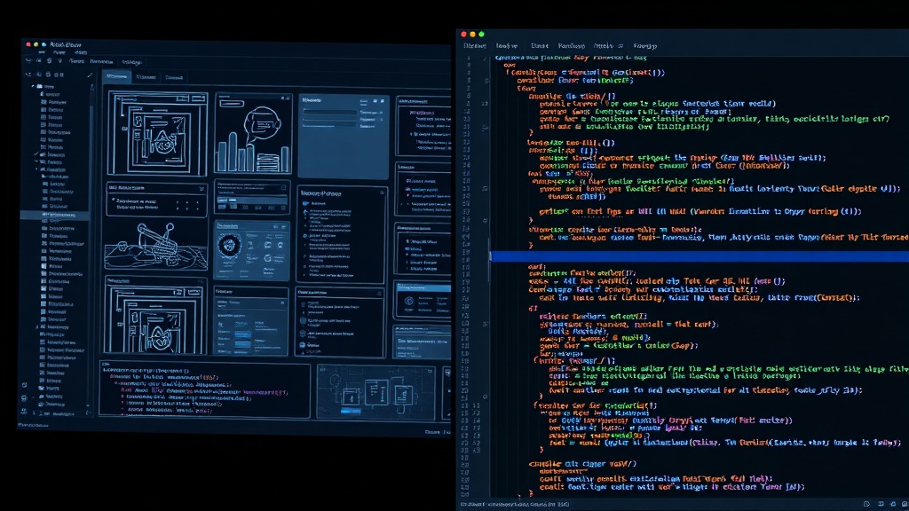 A split screen showing a complex, animated UI prototype and a developer's code editor