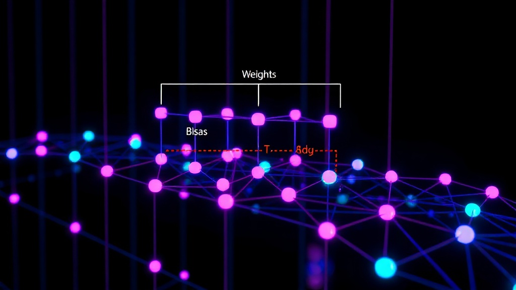 Diagram illustrating weights and biases connecting neurons in adjacent layers of a neural network