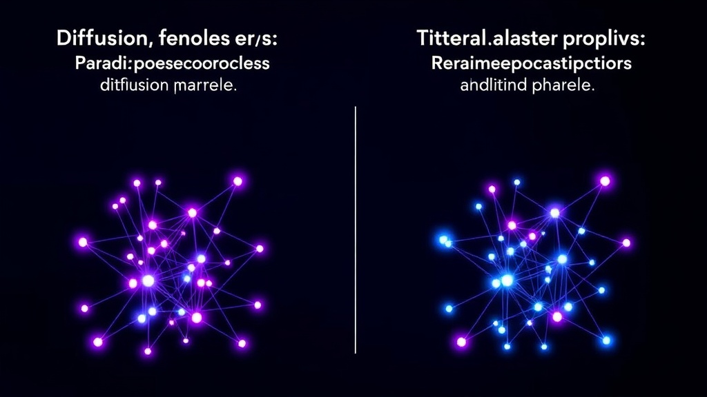 Diagram illustrating the parallel denoising process of diffusion models versus sequential token prediction of autoregressive models.