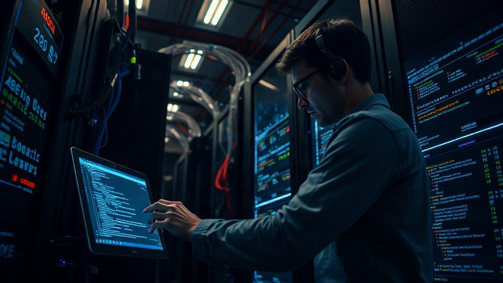 Developer troubleshooting a complex server rack in a dimly lit data center