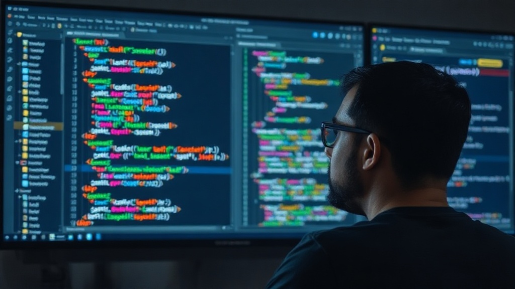 Developer contemplating code editor showing JavaScript and TypeScript side-by-side