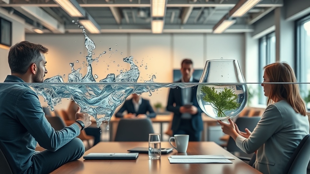 A visual metaphor contrasting abundant, free-flowing water with a carefully metered, valuable resource.