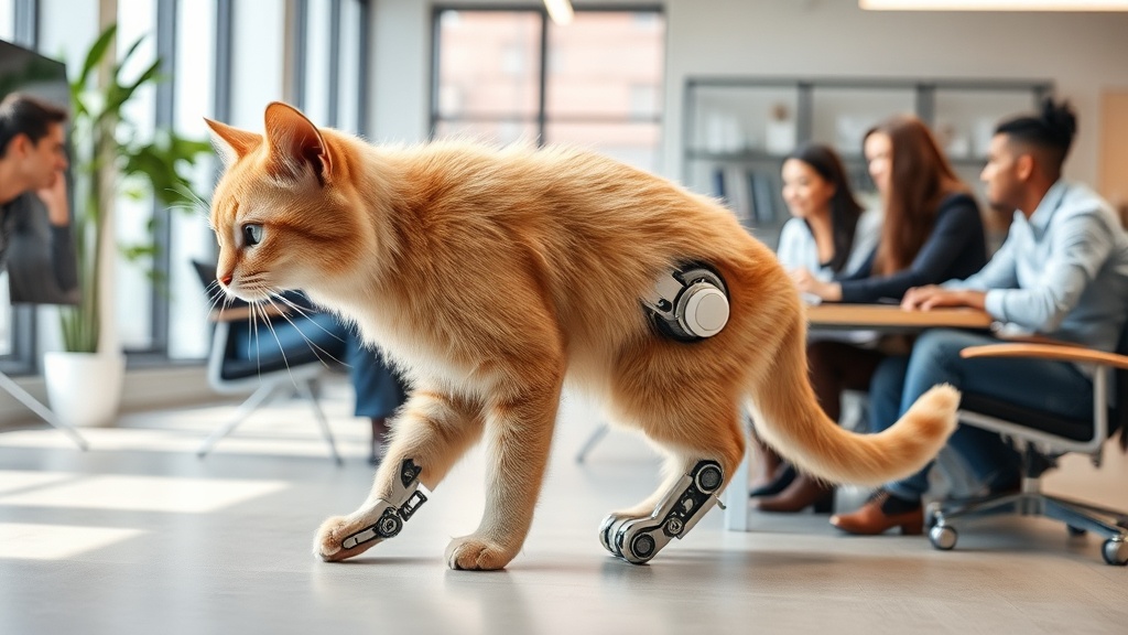 AI-generated concept art for Catbot, showcasing its furry form and robotic leg