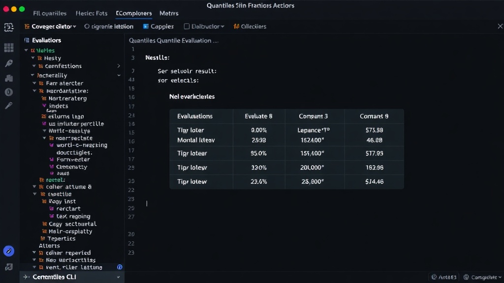 Quantiles CLI interface showing evaluation results and comparison metrics