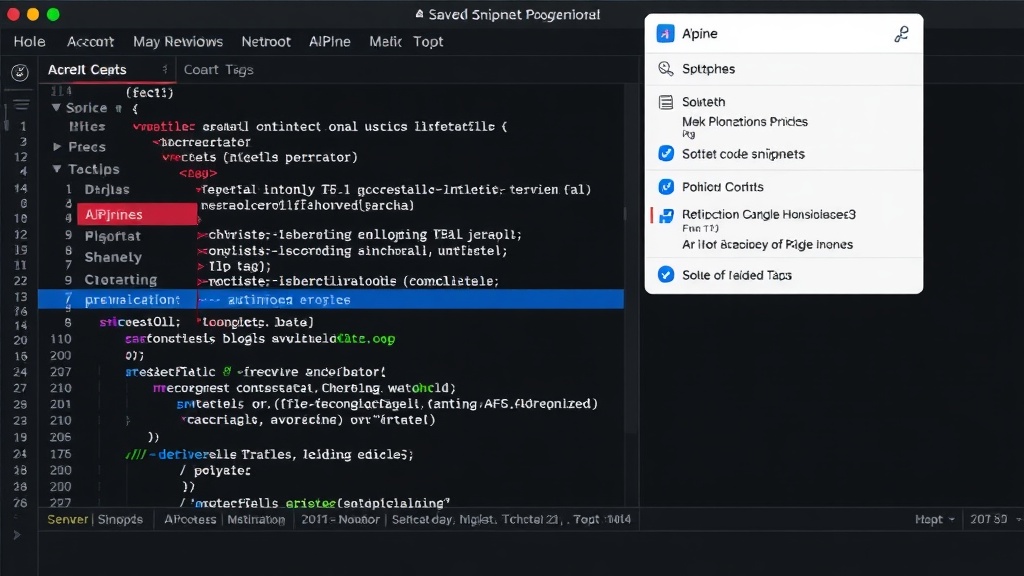 AIpine interface showing saved AI-generated code snippets organized by tags.