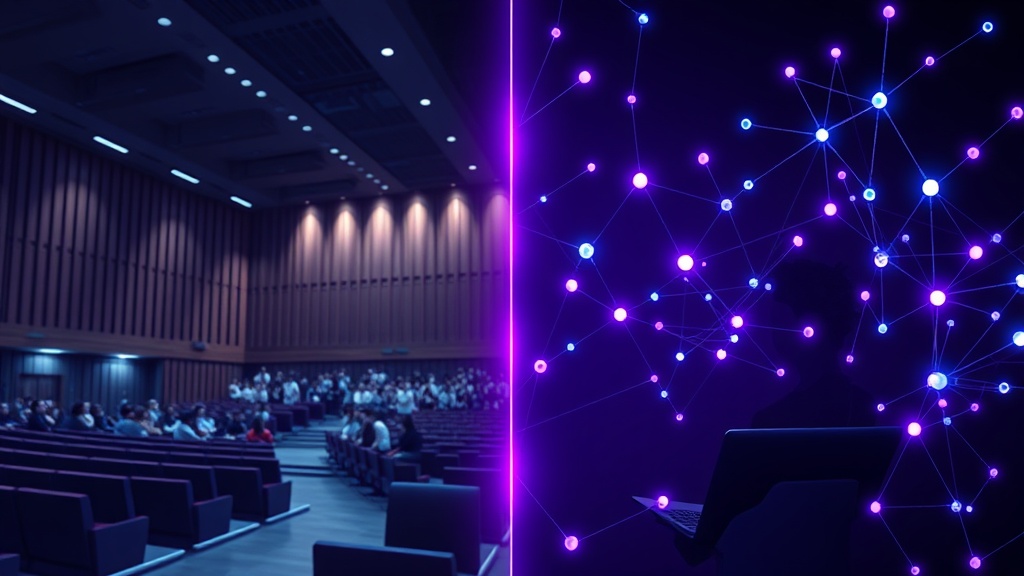 A split image showing a university lecture hall on one side and a person learning on a laptop at home on the other.