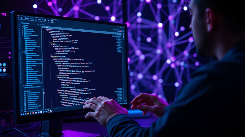 Developer interacting with a computer screen showing code and automation software