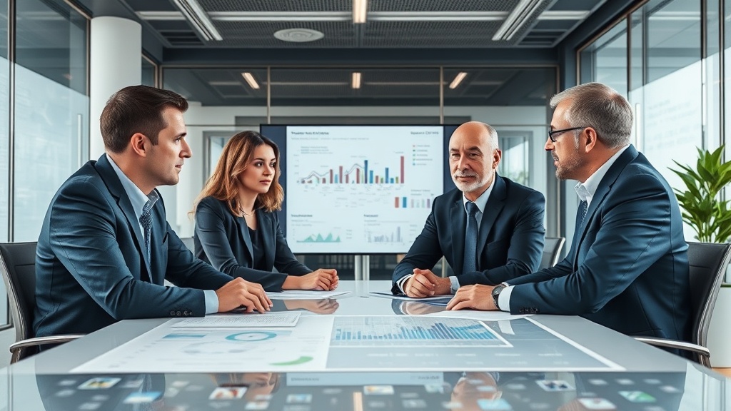 European business leaders in a modern office setting discussing technology strategy