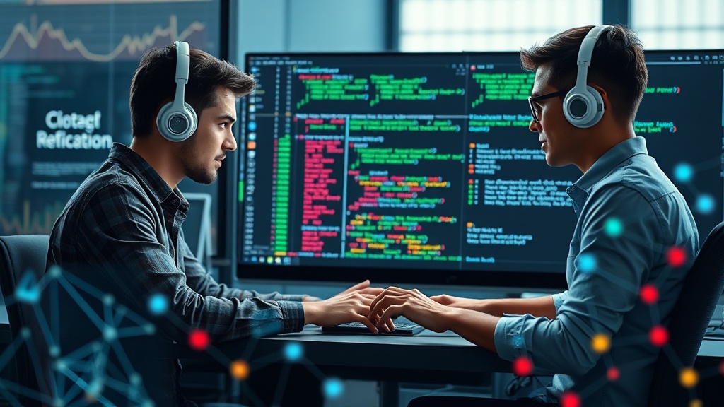 Developer pair programming with an AI assistant on a complex code refactoring task