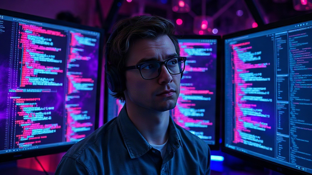 A developer looking overwhelmed at multiple screens displaying complex AI code and data visualizations.