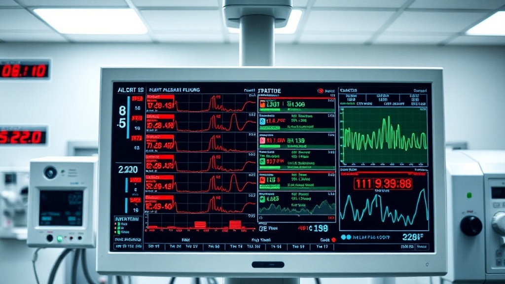 A hospital monitor displaying multiple overlapping alerts, illustrating the problem of alert fatigue.