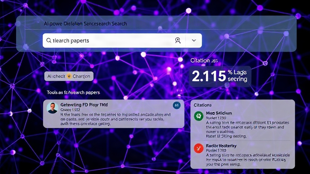 AI-powered academic search interface highlighting relevant research papers and citation metrics