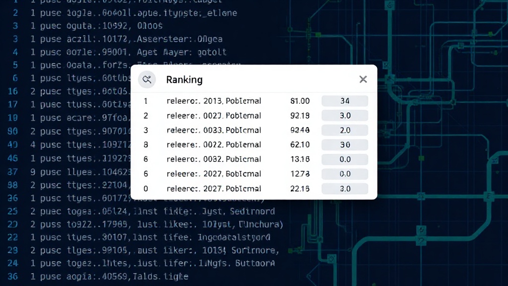 PostgreSQL query output showing relevance scoring and ranking for sample search terms.
