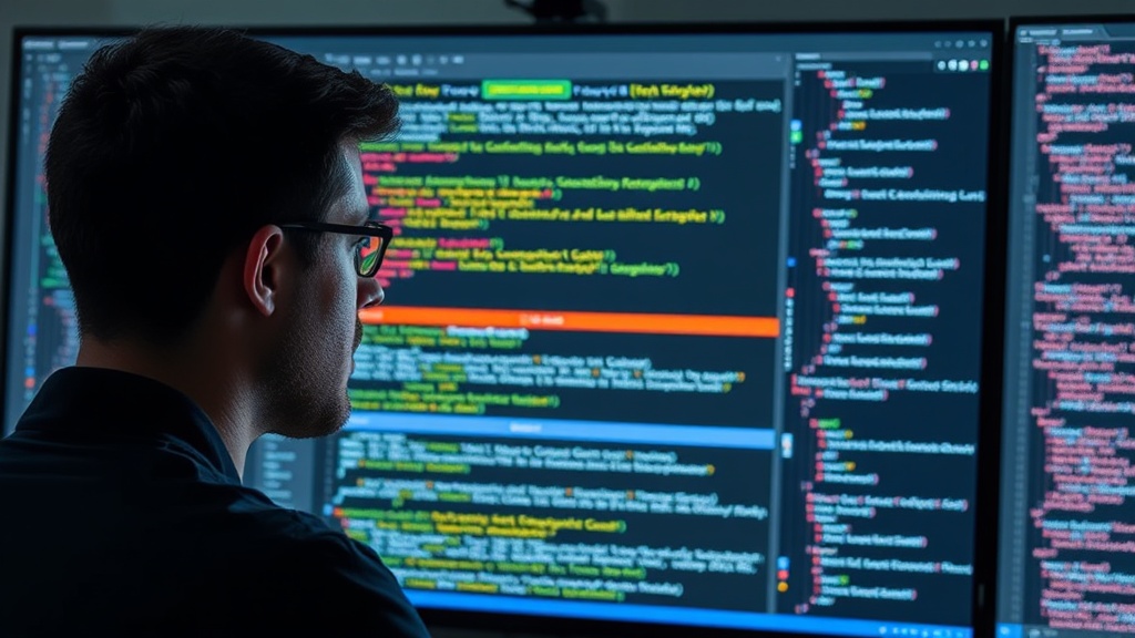 Developer staring at a complex code editor screen with AI suggestions