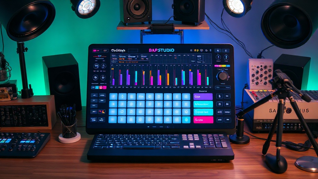Screenshot of BAP Studio's main interface with drum pads and sequencer visible