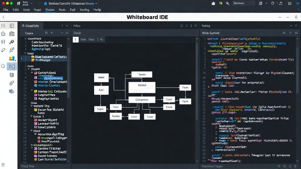 Whiteboard IDE interface showing a complex system architecture diagram