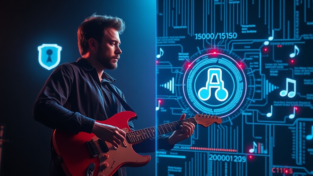 A split image showing a human musician playing guitar and an AI interface generating music