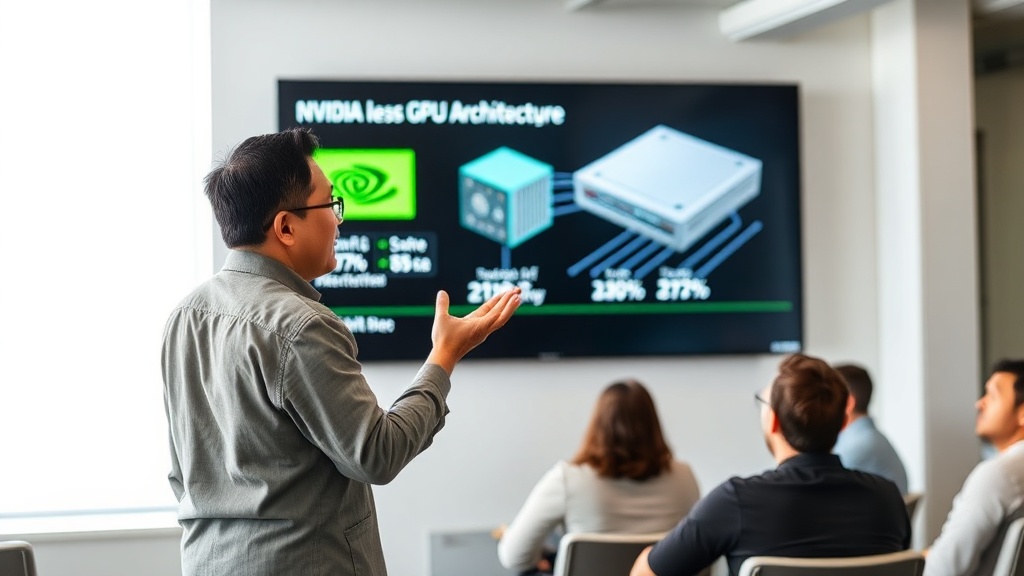 Jensen Huang on stage, gesturing towards a slide displaying NVIDIA's latest GPU architecture