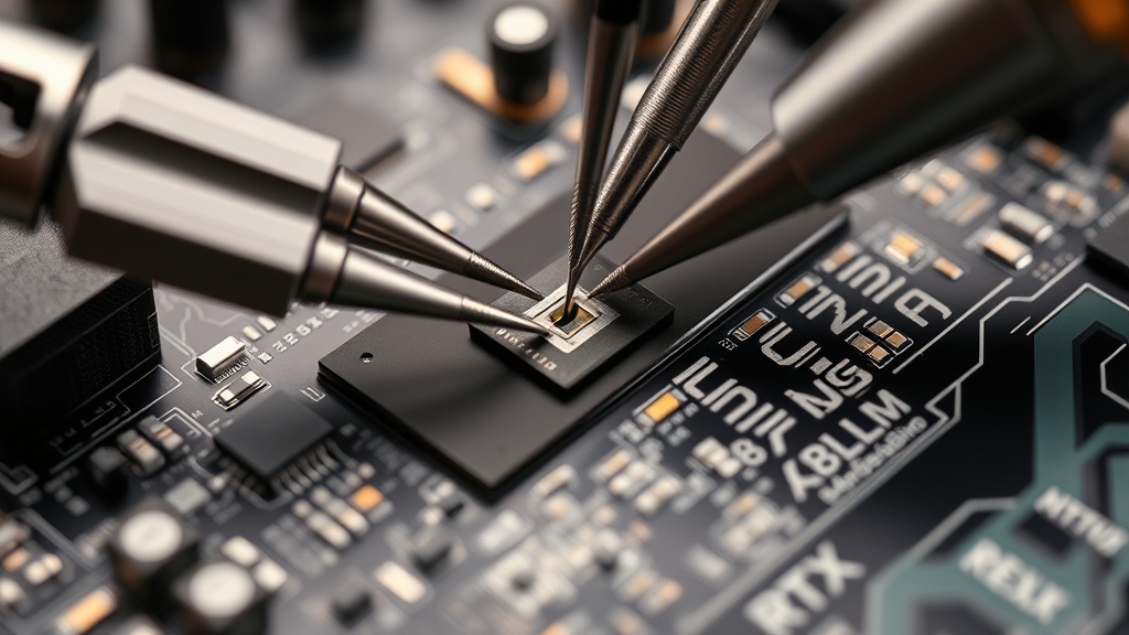 Close-up view of a GPU PCB with specialized tools for desoldering memory chips