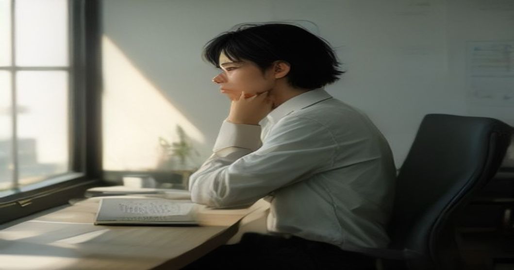 A researcher deep in thought at their desk, surrounded by complex equations and diagrams.