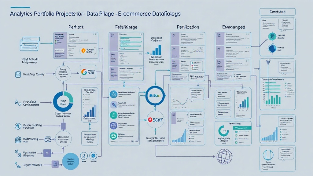 A complex diagram illustrating a multi-stage data pipeline for e-commerce analytics