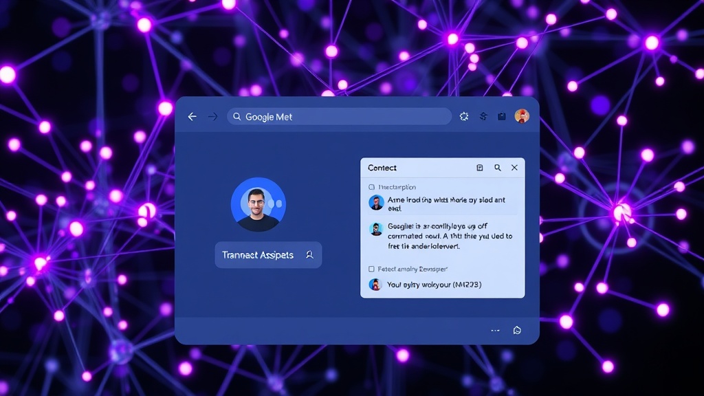 Developer's Google Meet interface showing AI participant and transcription feed.
