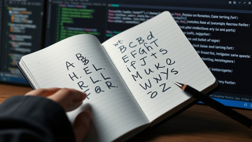 Developer’s notebook with handwritten alphabet characters before scanning.