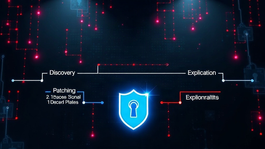 Diagram illustrating the lifecycle of a vulnerability from discovery to patching and exploitation.