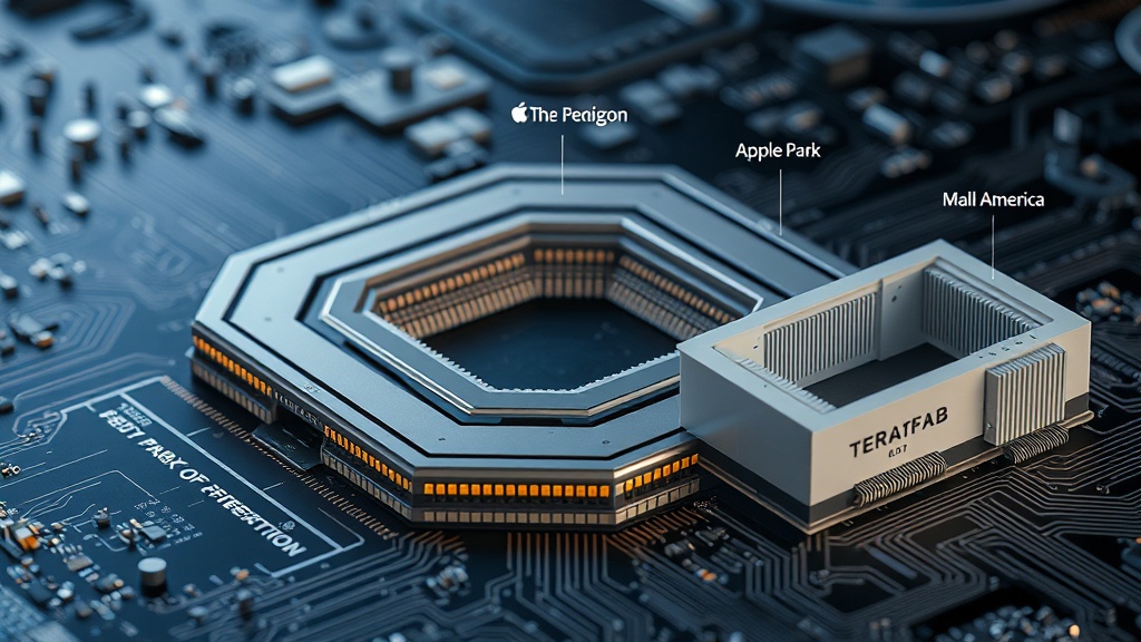 Conceptual visualization comparing the projected footprint of Terafab to the Pentagon, Apple Park, and Mall of America