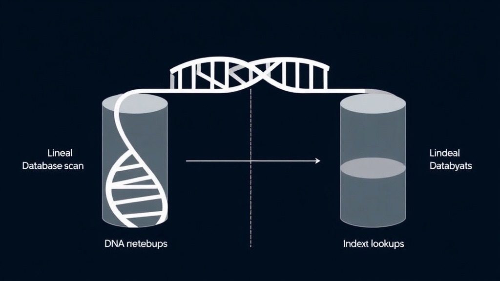 A conceptual diagram illustrating the difference between linear database scans and indexed lookups.