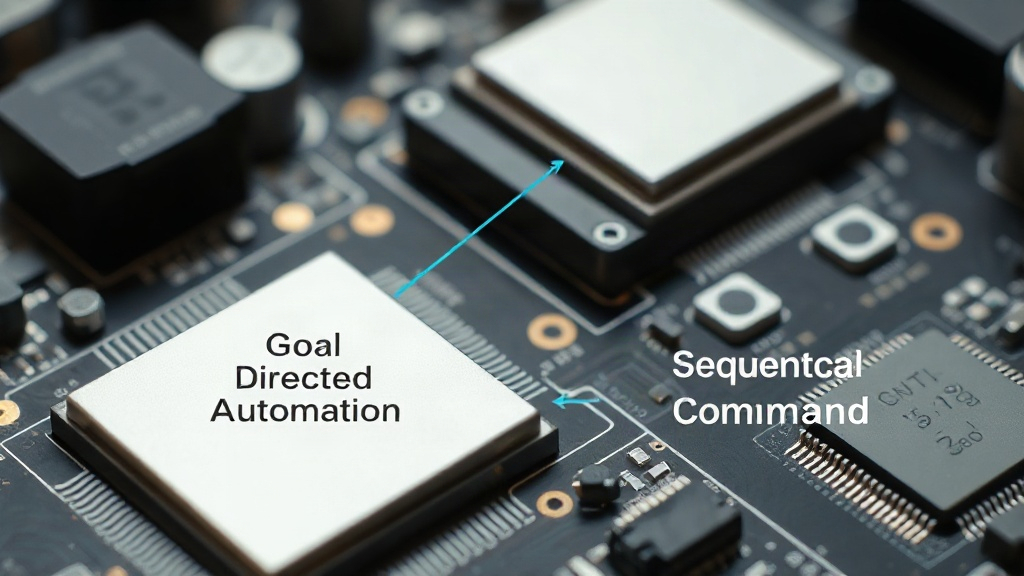 Conceptual diagram illustrating goal-directed automation flow vs. sequential command execution.