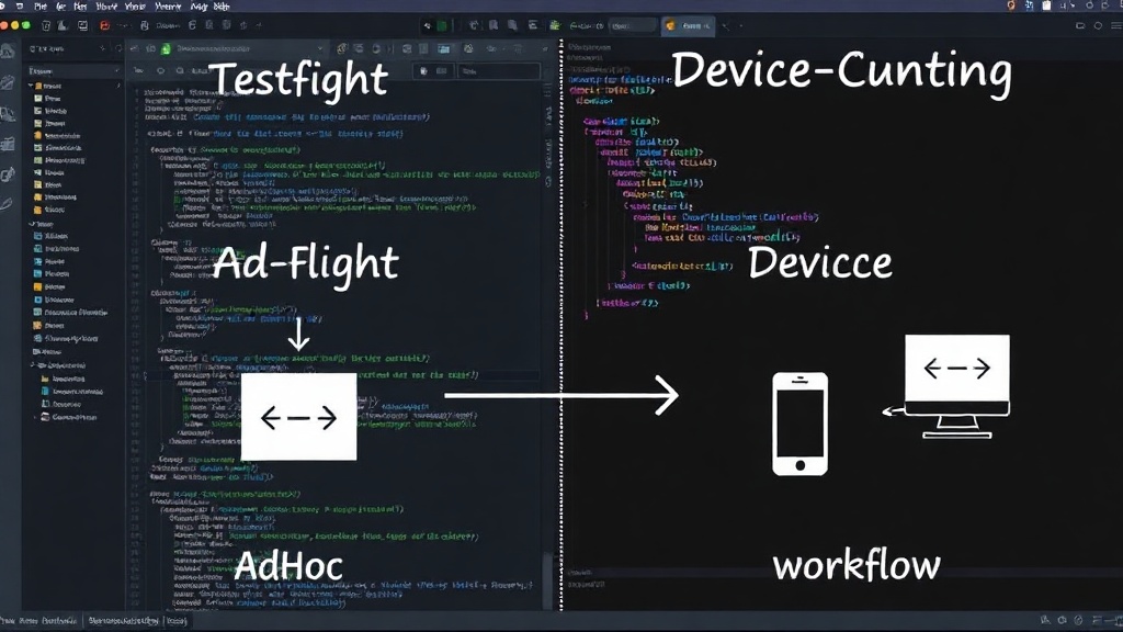 Comparison diagram illustrating TestFlight's centralized management vs. Ad-Hoc's device-centric workflow.