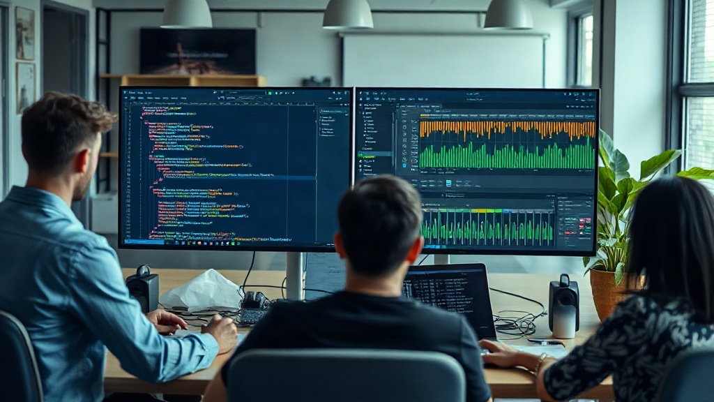A split screen showing code editor on one side and music production software on the other