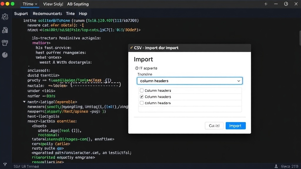 DB Browser for SQLite CSV import dialog showing options like column headers.