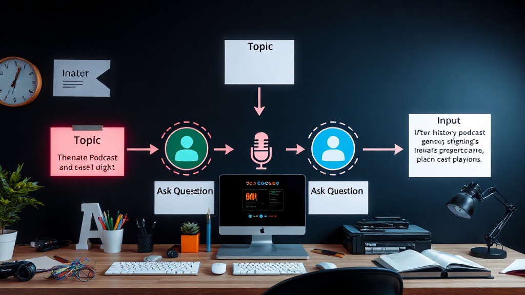 Conceptual diagram illustrating the AI podcast generation workflow from topic input to interactive playback