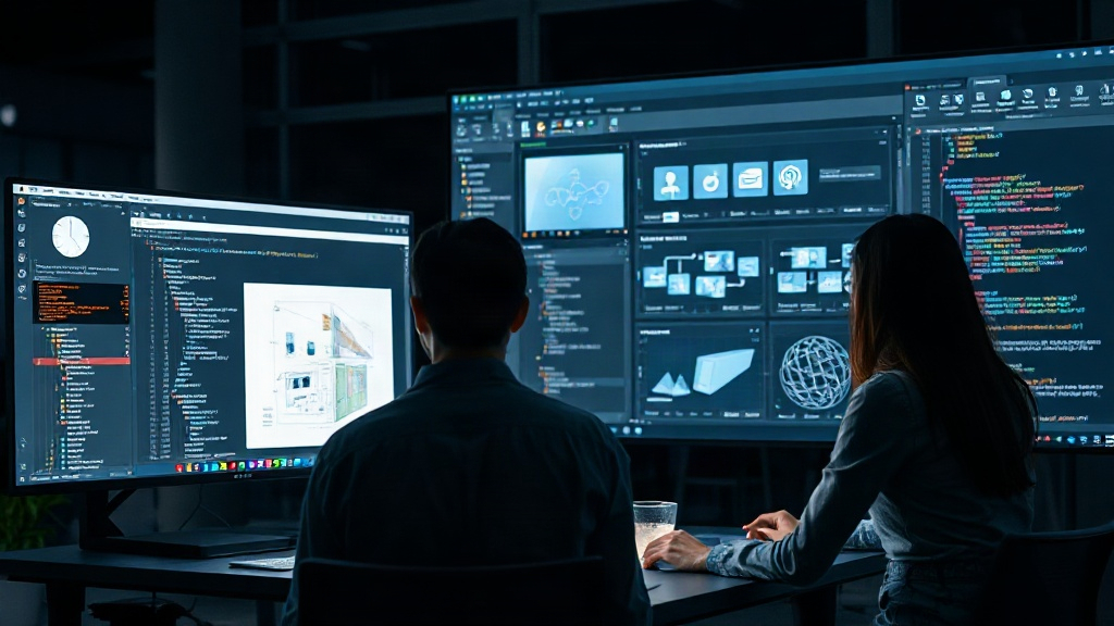 Software engineer collaborating with team on architectural diagrams