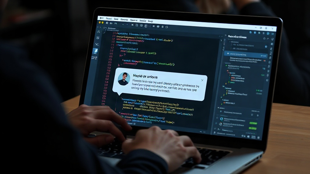 Developer interacting with a conversational AI assistant for code generation on a laptop screen.