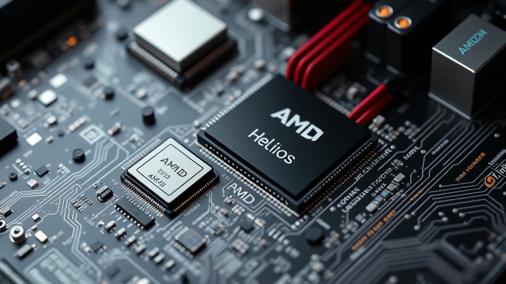 Diagram illustrating the interconnected components of AMD's Helios rack-scale AI solution.