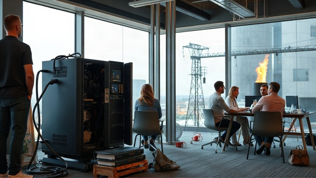 Visual representation of Bitcoin mining hardware connected to a power source near a natural gas flare.