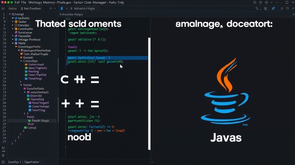 Illustration comparing manual C++ memory management with Java's automatic garbage collection