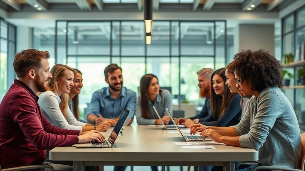 A diverse group of professionals collaborating around a table with technology interfaces