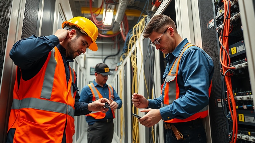 Electricians meticulously install complex wiring within a new AI data center facility.