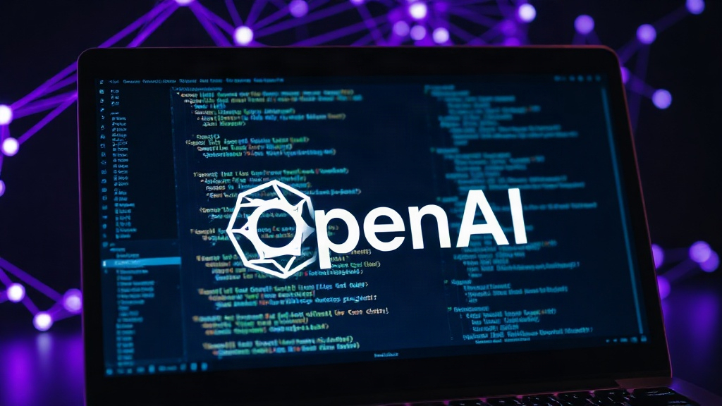 OpenAI logo displayed on a laptop screen with code in the background