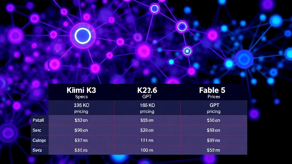 Comparison table showing Kimi K3, K2.6, Fable 5, and GPT specs and pricing