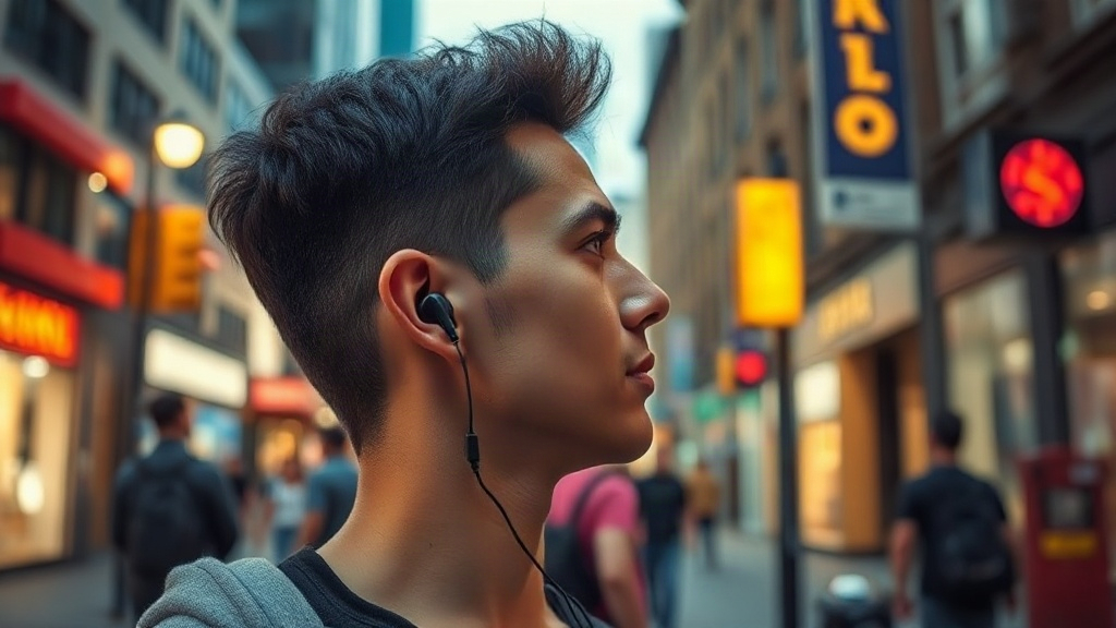 Person wearing earbuds in a city street, looking engaged with their surroundings.