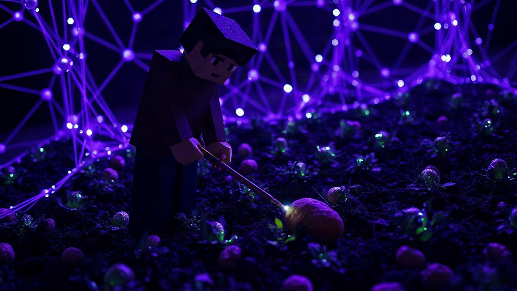 Screenshot of GPT-6 Astra's Minecraft character tending to a potato farm.