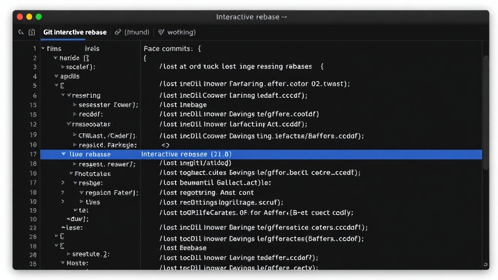 A Git command line interface showing the interactive rebase command with a list of commits to edit
