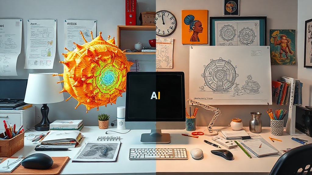A split image showing AI-generated art on one side and hand-drawn game concept art on the other.